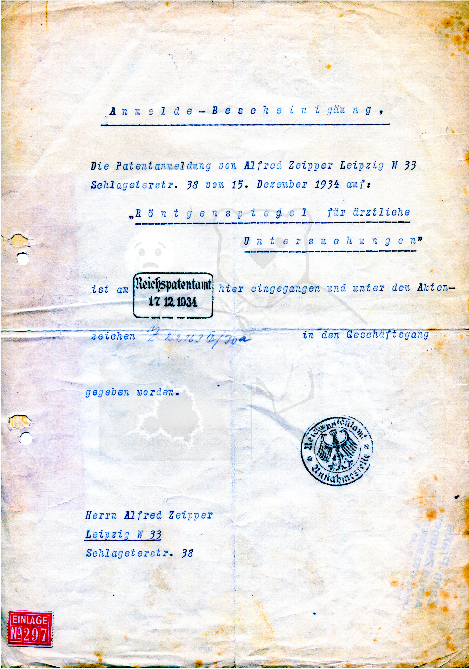 Röntgenspiegel Patentanmeldung Alfred Zeipper vom 17.12.1934 an das Reichspatentamt Leipzig, eingereicht von Alfred Zeipper (Scan von Thomas Zeipper)